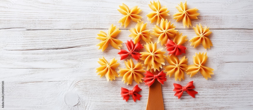 Poster pasta art in the shape of a tree with red bows on a white wooden background creating a festive and p