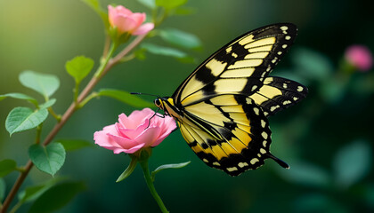 Fototapeta premium Butterfly Rose Swallowtail A black swallowtail butterfly perched on a zinnia flower garden background,