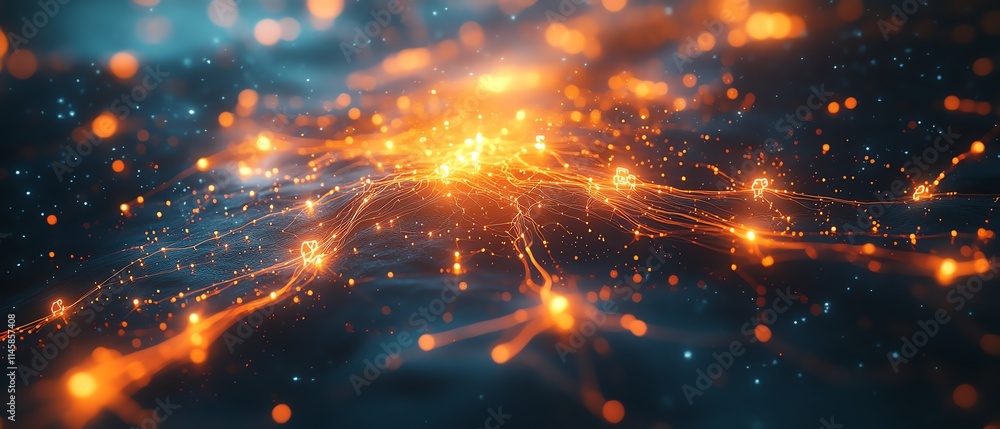 Poster closeup of digital network with glowing circuit lines linking orange and white human icons on a dark