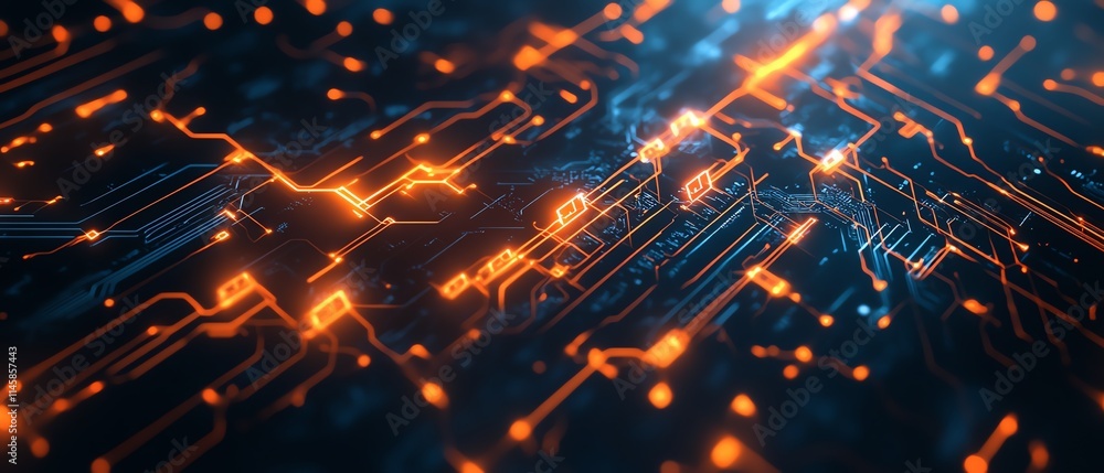 Poster closeup of digital network with glowing circuit lines linking orange and white human icons on a dark