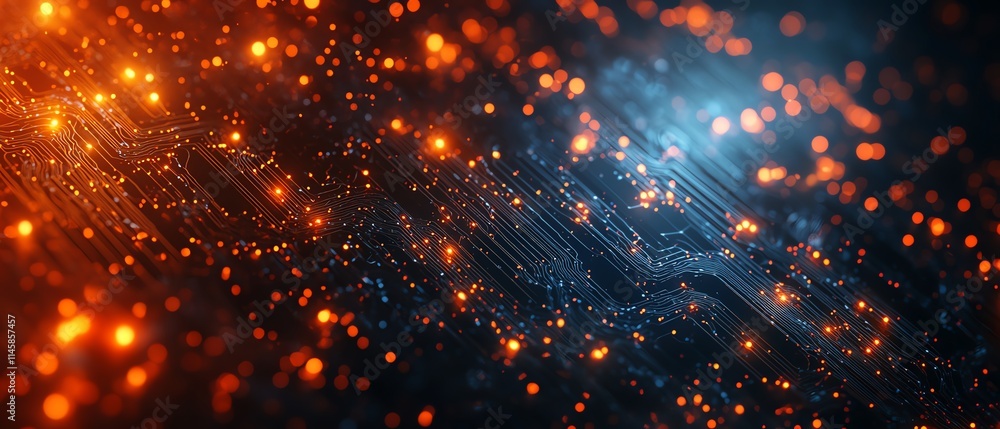 Poster closeup of digital network with glowing circuit lines linking orange and white human icons on a dark