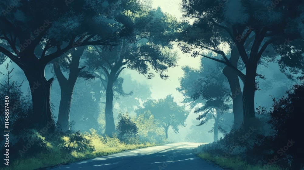 Poster lush tree-lined road with ethereal light creating a serene and tranquil atmosphere in a nature lands
