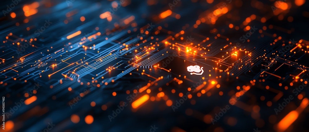 Poster closeup of digital network with glowing circuit lines linking orange and white human icons on a dark