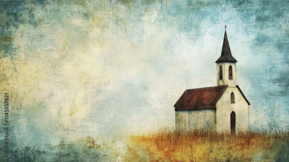 Poster serene church building on a textured grungy background with soft colors creating a tranquil and atmo