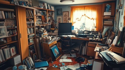 Overwhelmed: A cluttered home office scene, depicting chaos and disorganization.