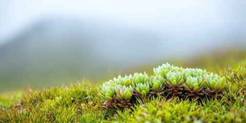 Green alpine plants enveloped in mist. Concept image of natural transpiration process.