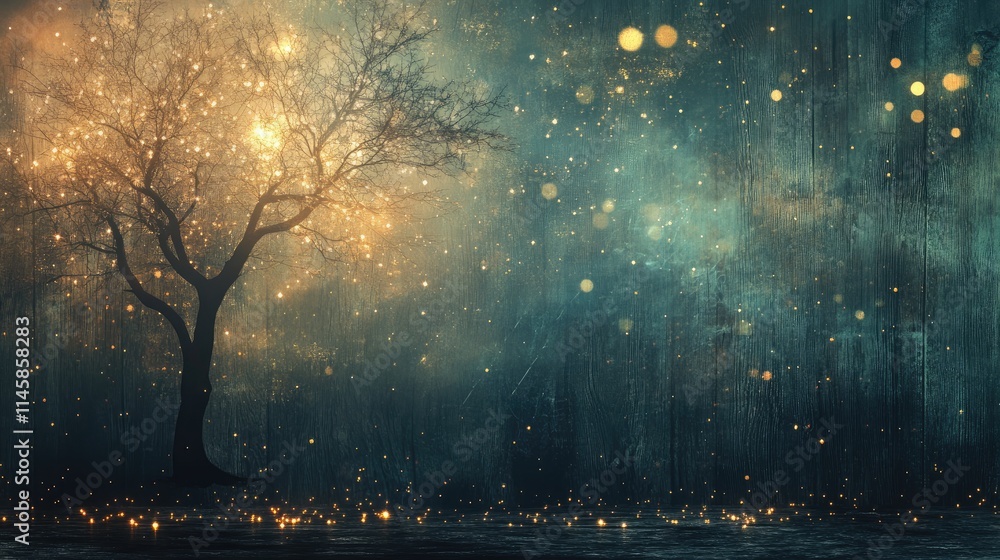 Poster serene background featuring a solitary tree adorned with sparkling lights against a textured wooden 