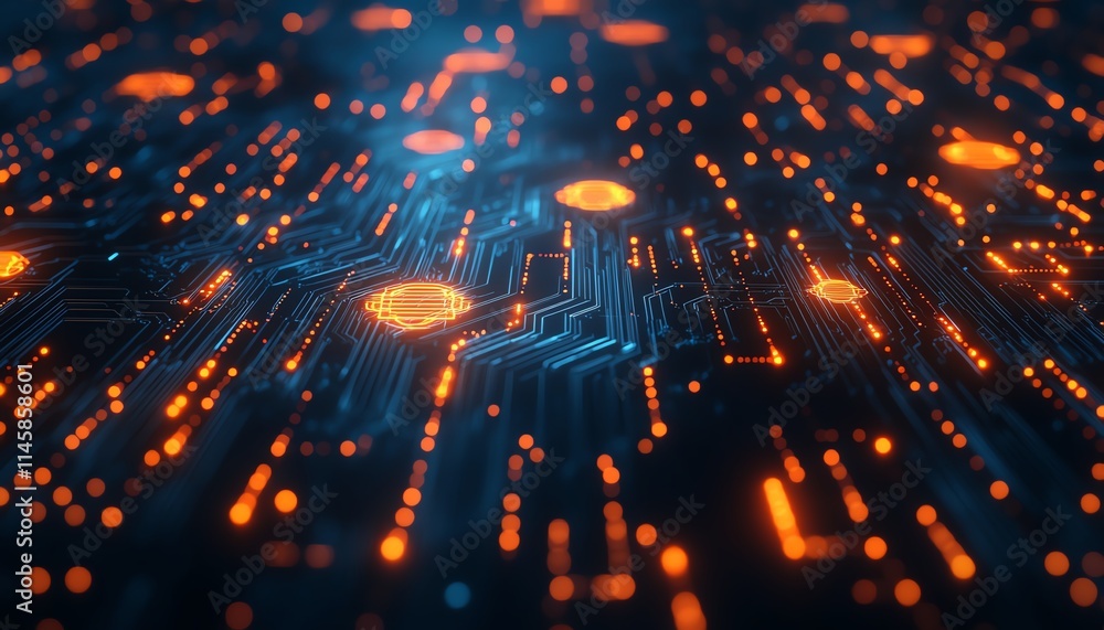 Poster Digital network concept with glowing circuit lines connecting human icons in orange and white on a deep blue background, symbolizing technological progress and connectivity