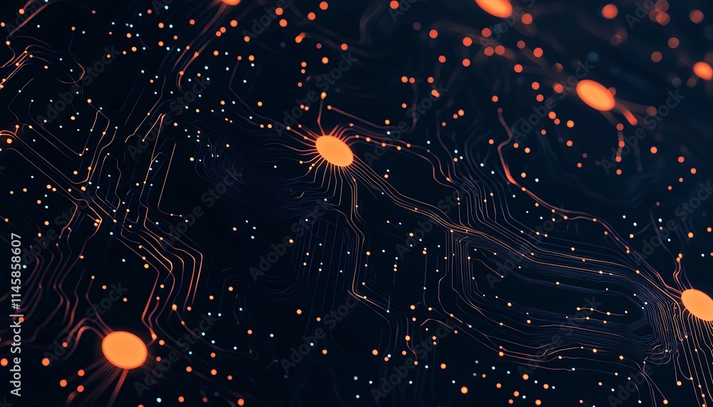 Aufkleber Digital network concept with glowing circuit lines connecting human icons in orange and white on a deep blue background, symbolizing technological progress and connectivity