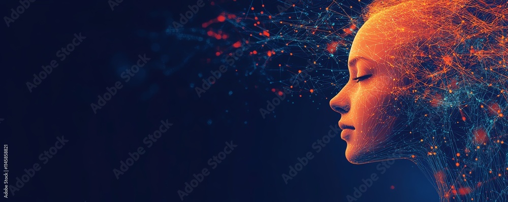Aufkleber Futuristic digital network with human icons in orange and white, connected by luminous circuit lines on a deep blue background, symbolizing innovation and connectivity