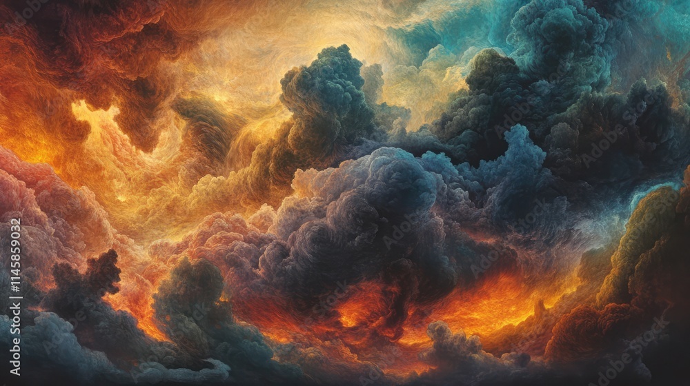 Poster dramatic sky filled with colorful clouds showcasing a blend of calmness and fiery accumulation creat