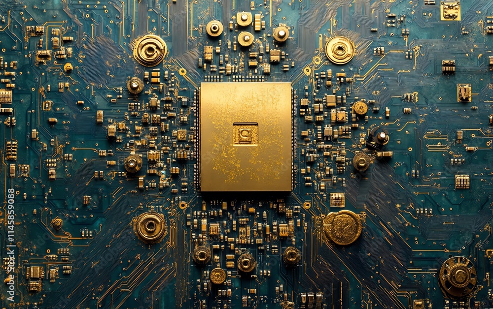 Poster Gold microprocessor embedded in a blue circuit board, intricate connection patterns symbolizing the future of technology and innovation, highly detailed and sharp