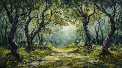Fototapeta premium Serene natural forest scene with lush greenery sunlight filtering through trees tranquil and peaceful environment for relaxation and reflection