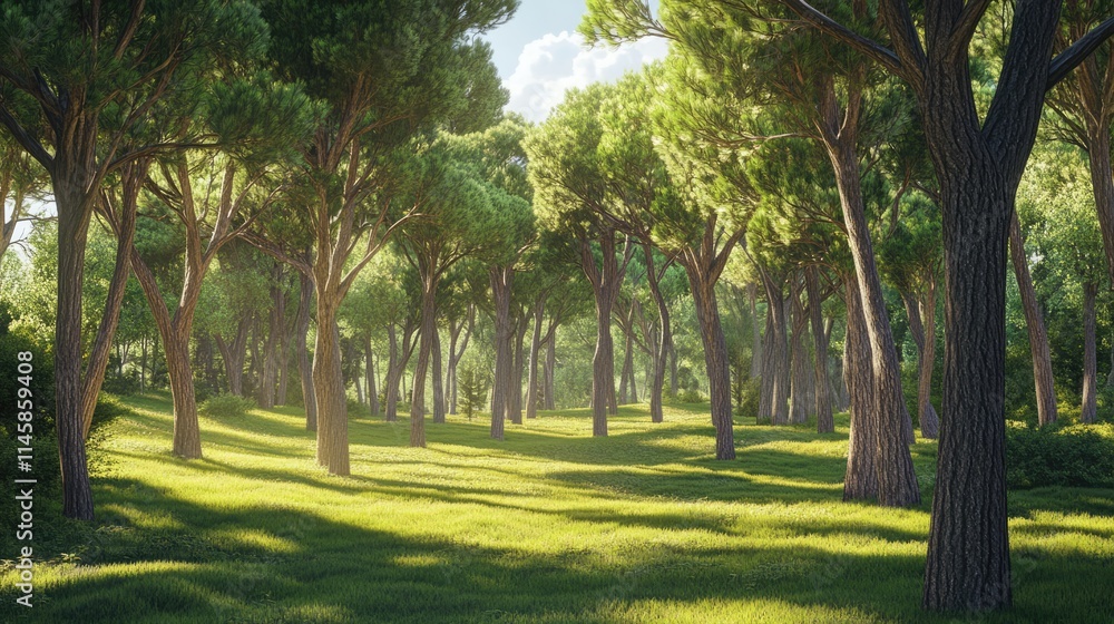 Poster sunlit grove of pine trees in a lush green park with dappled light creating a serene and tranquil ou