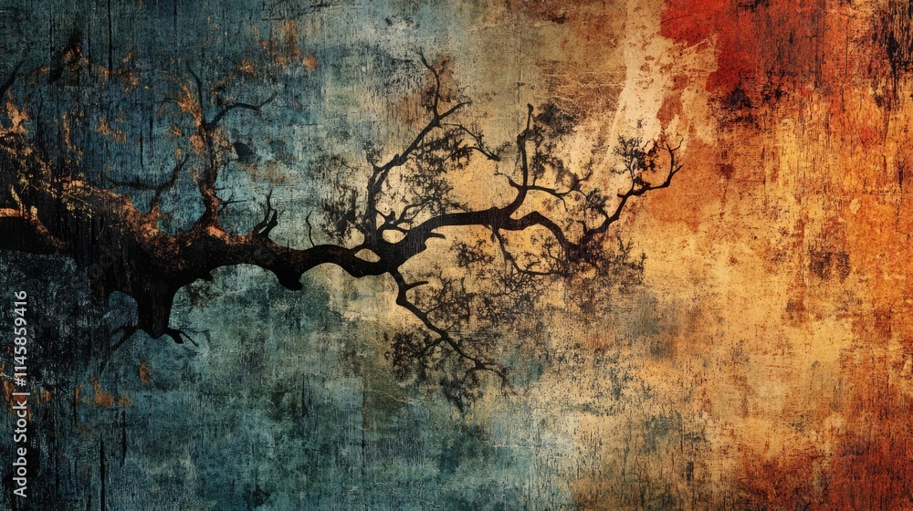 Aufkleber textured background featuring grunge effects with a gnarled tree branch on a colorful abstract backd