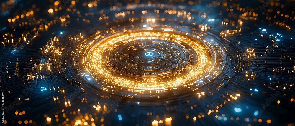 Poster gold processor surrounded by intricate blue circuit board connections, symbolizing innovation and th
