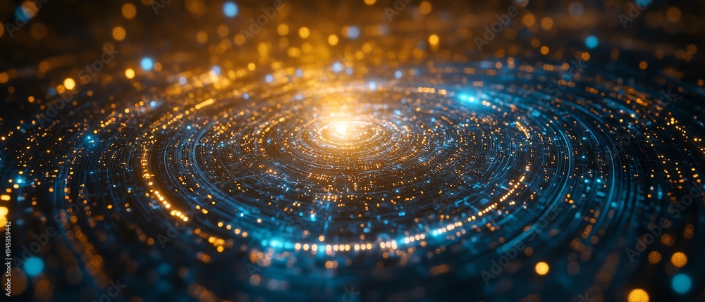 Poster gold processor surrounded by intricate blue circuit board connections, symbolizing innovation and th