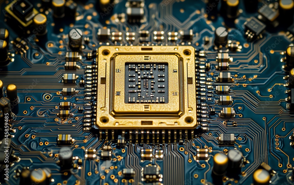 Poster highly detailed gold processor placed on a blue circuit board, with complex connections highlighting