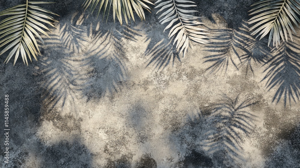 Poster palm leaves casting intricate shadows on a textured cement floor creating a natural pattern and arti