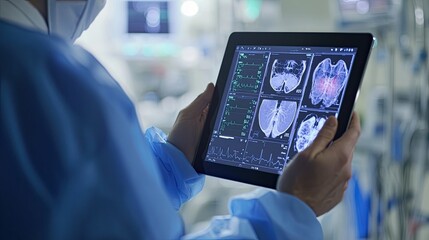 Doctors using tablets to access medical data in a digital healthcare system, showcasing the role of AI in revolutionizing healthcare by providing real-time, data-driven insights