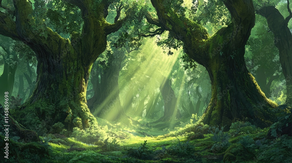 Poster enchanted green forest with moss-covered trees and sun rays filtering through lush foliage creating 