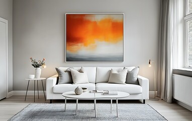 Modern living room interior with white sofa, coffee table, artwork, and floor lamp.