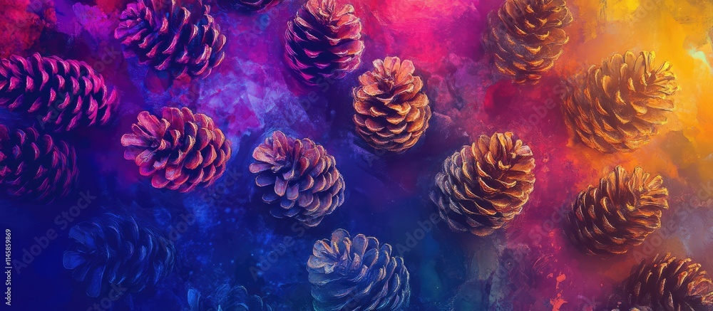 Poster colorful abstract composition featuring pinecones surrounded by a vibrant and dynamic background of 
