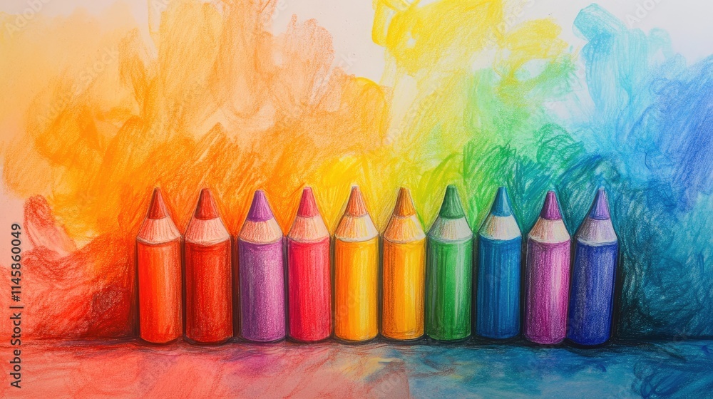 Poster vibrant array of colored crayons against a colorful backdrop showcasing creativity and artistic expr