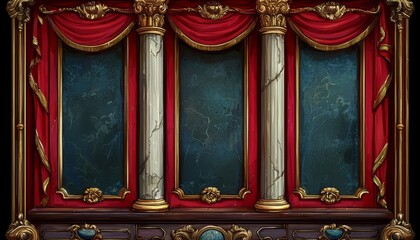 Elegant Ornate Triptych Display With Red Curtains And Gold Accents