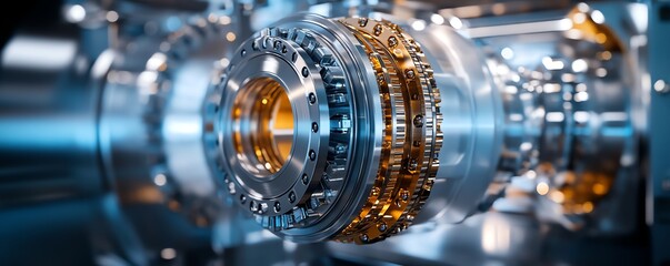 Intricate closeup of wind turbine machinery with a bright blue sky and serene ocean as a backdrop, showcasing renewable energy advancements, hyperrealistic textures