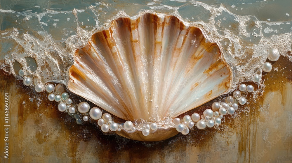Poster pearls resting on a seashell with splashing waves creating a serene coastal atmosphere showcasing ma