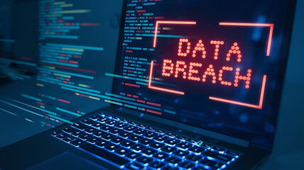 Cybersecurity Threat: Data breach, cybersecurity concept, hacking threat, cyber attack, laptop data security, information leak, red warning alert showing on laptop.