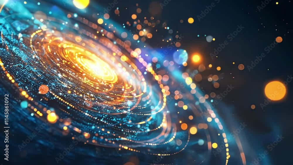 Poster big data is flowing in cyberspace, creating a futuristic spiral galaxy with glowing particles and bo
