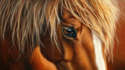 Close-up of a majestic brown horse showcasing its expressive eye and flowing mane in rich, earthy tones highlighting detailed textures.