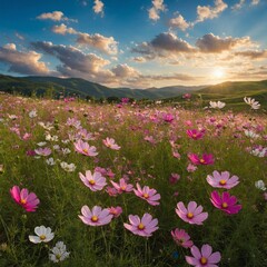 Fototapeta premium Create a vibrant landscape scene featuring a field of blooming cosmos flowers. The field is alive with an array of colors, including pink, purple, and white blossoms swaying gently in the breeze. 