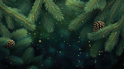 Festive winter banner featuring realistic tree branches with pine cones set against a blurred background for holiday design and eco-themed projects