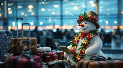 Cheerful snowman decorated with festive ornaments in a winter wonderland, symbolizing holiday joy and seasonal charm