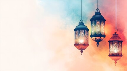 Obraz premium Illuminated Ramadan Lanterns Hanging Against A Soft Sky