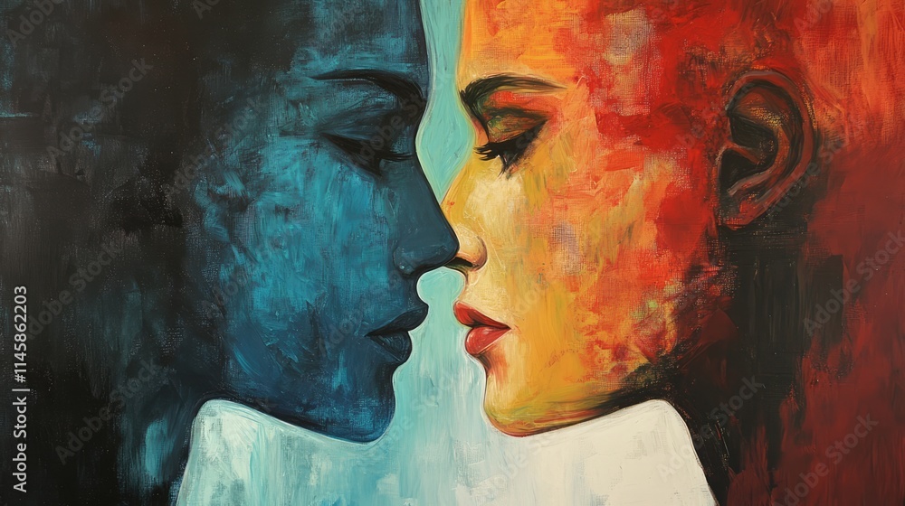 Poster dramatic close-up of two colorful abstract faces representing connection and emotion in vibrant hues