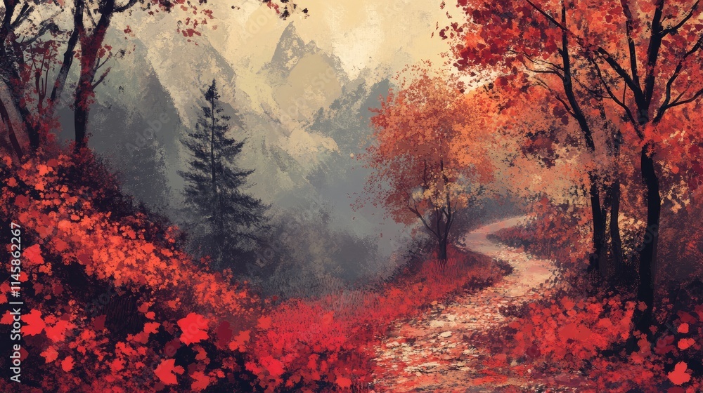 Poster autumn landscape with vibrant foliage winding path through colorful forest and mountains in the back
