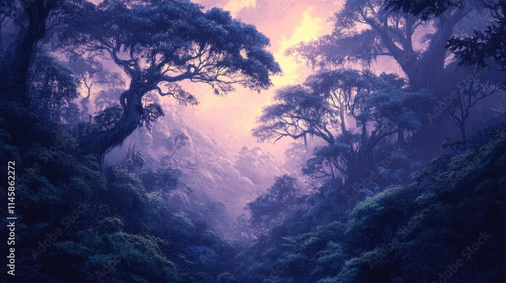 Poster twilight forest treetops with ethereal mist and lush foliage creating a serene and enigmatic atmosph