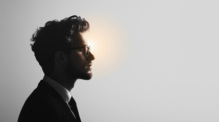 Profile of a man with glasses in a suit illuminated by soft light against a plain background