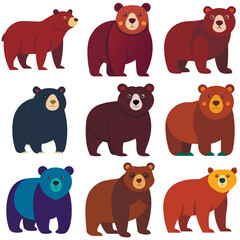 Cartoon vector set of brown grizzly bear, isolated on background. Flat design collection