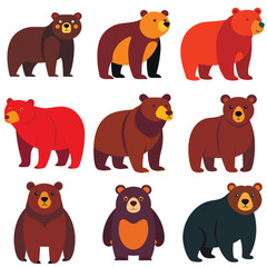 Cartoon vector set of brown grizzly bear, isolated on background. Flat design collection