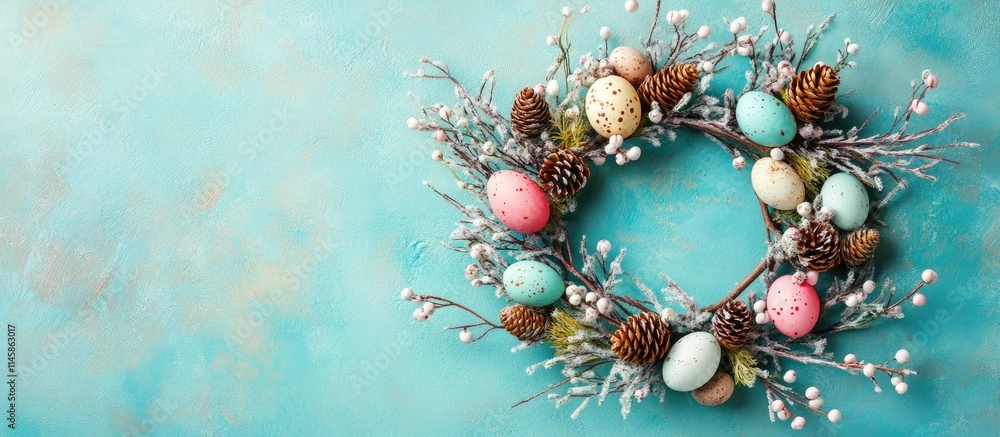 Poster spring easter wreath with branches cones and colorful eggs on a vibrant background top view flat lay