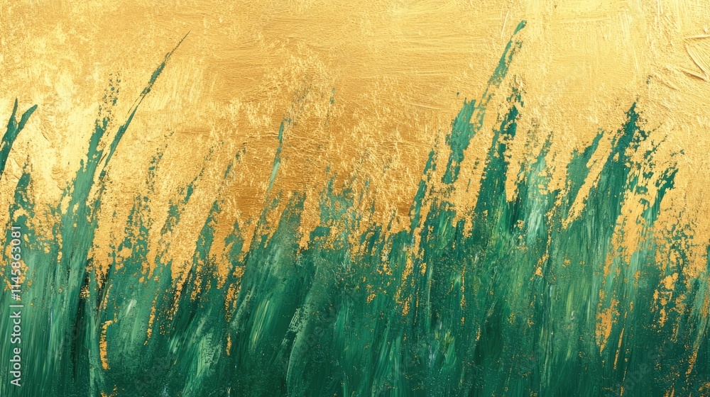 Poster abstract artwork featuring gold and green grass textures creating a vibrant and dynamic visual contr