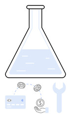 Large test tube above credit card, coins, hand, and wrench indicating financial experimentation, innovation, and support. Ideal for fintech, research, banking investment technology business