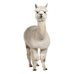 Obraz premium Realistic photo of full body a fluffy alpaca with soft white wool standing, isolated on transparent background