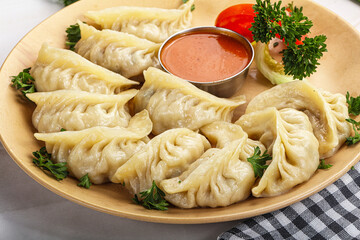 Tibetian dumplings Momo with chicken, meat or vegetables