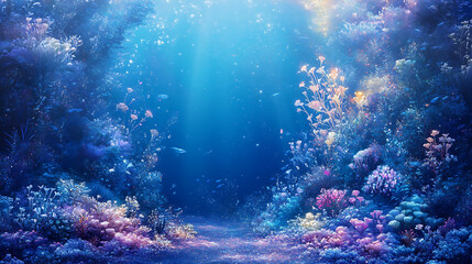 Fototapeta premium Submerged in Serenity: A mesmerizing underwater scene unfolds, bathed in ethereal sunlight, revealing a vibrant coral reef teeming with life. The path ahead beckons.